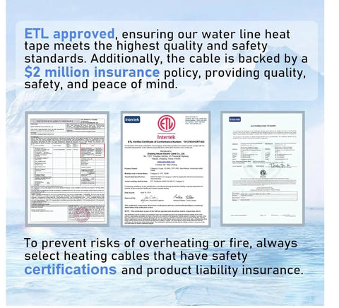Certificates for Self Regulating Sewage Pipe Heating Cable For Buried Pipes And Wastewater Lines, ETL listed, highlighting safety.