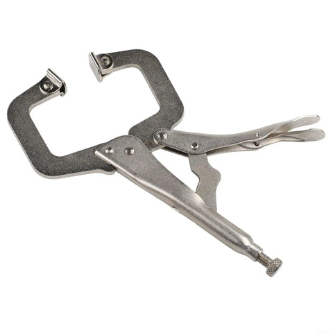 Heavy Duty 9 Inch Locking C Clamp Steel Welding Pliers With Adjustable Screw For Metalworking And Fabrication Tasks showing chrome vanadium pliers.