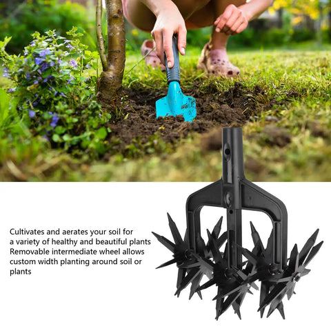 Grab And Go All In One Garden Tiller And Scarifier Hand Tool for Lawn and Soil Aeration, shown in soil with plants in background.
