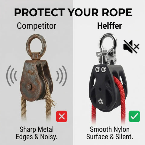 Comparison of a rusty metal pulley and Double Pulley Block 50mm With 316 Stainless Steel Heavy Duty 880 Lb Capacity Silent Nylon Wheels