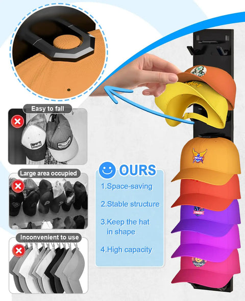 Solid Grip Two Pack Black Hat Organizer For Baseball Caps With Heavy Duty Adhesive Wall Mount Rack displaying colorful caps and easy access.