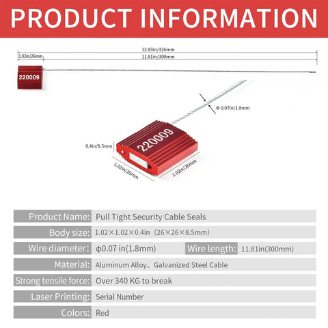 Image of 100 Heavy Duty Red Steel Cable Seals with dimensions and features for secure shipping and tamper evident use.