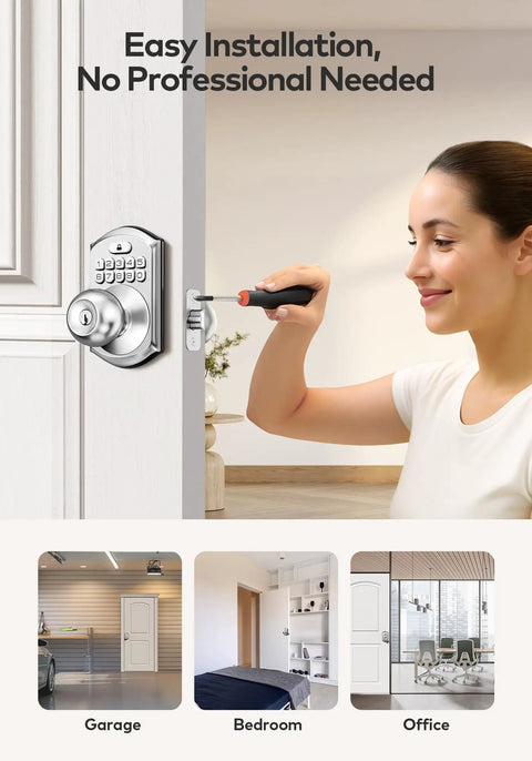 Heavy Build Satin Nickel Keypad Door Knob Lock Keyless Entry Handle being installed, showing secure design for private rooms.