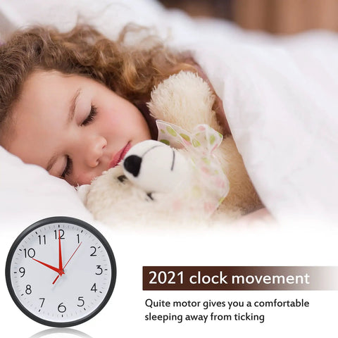 Sleeping child hugging teddy bear beside digital clock, 2021 clock movement with quiet motor