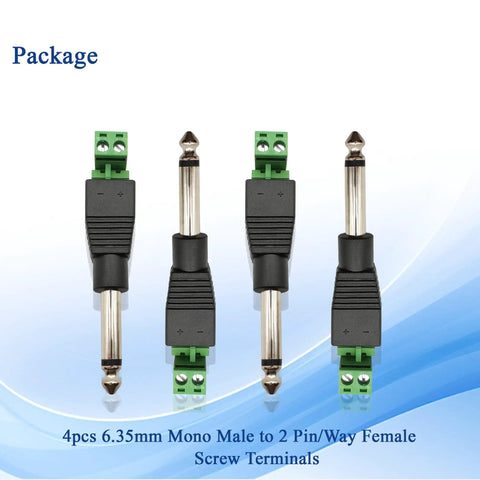Built Tough Pro Grade One Quarter Inch Ts Mono Male To Two Pin Female Screw Terminal Block Adapter For Speaker Cable And Amplifier Microphone 6.35Mm Nickel Plated Zinc Alloy Plug And Go Kit, four pieces shown.