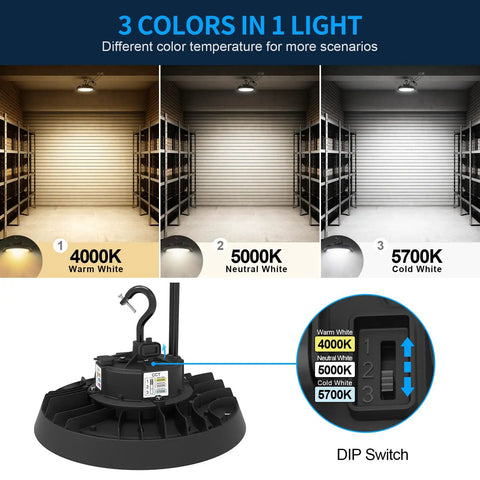UFO LED High Bay Light showing 3 color temperatures with DIP switch, Tunable 150W 180W 200W UFO LED High Bay Light With 30,000 Lumens