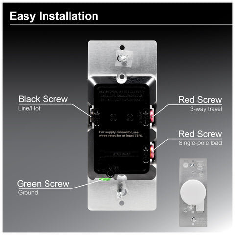 Back wiring diagram of Three Way Rotating Dimmer Switch With Push On Off For Dimmable LED CFL And Incandescent Bulbs UL Listed