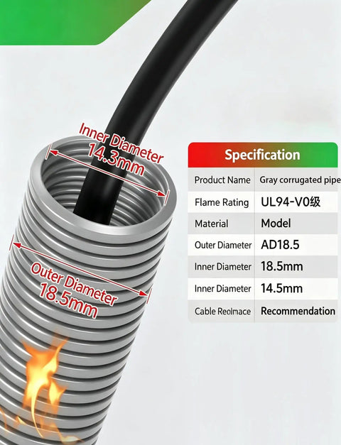 Heavy Duty Flame Resistant Corrugated Cable Conduit Featuring Flexible Wire Cover Sleeves In Slick Gray Double Wave Build dimensions and specifications.