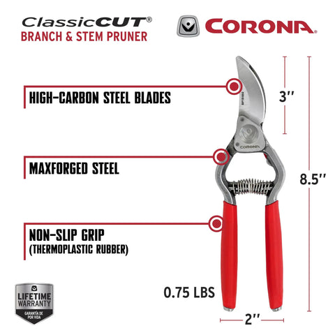Image of Forged Steel Classic Cut Bypass Hand Pruner With One Inch Cut Capacity showing measurements and features.