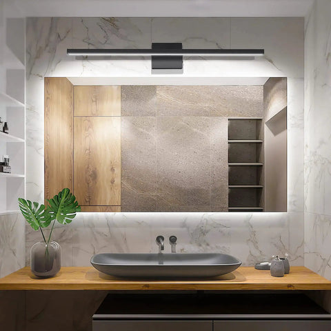 31.5 Inch Dimmable Black Vanity Light Over Mirror With 18W LED And 5CCT Color Temp Adjustments in modern bathroom