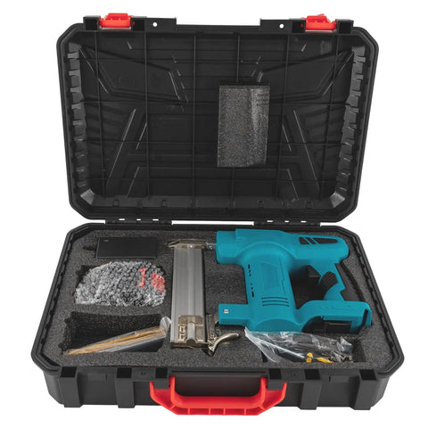 Top Shelf Cordless Brad Nailer 100W Copper Motor Shoots Smooth At 80 Nails Per Minute Rust Resistant Tip in protective case.