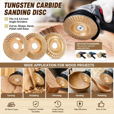 All In One Woodworking Disc Kit For 4 Inch Or 4 And A Half Inch Angle Grinders With Flat Beveled And Curved Carving Discs For Cutting Shaping Sanding Polishing Bark Removal Detail Work Pro Grade Tungsten Carbide Carbon Steel Construction 3 Pack shown with angle grinder and wood applications.
