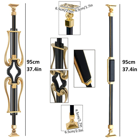Badass Aluminum Balusters And Stair Spindles With Floor Face Mount Brackets And Slick Black Gold Flower Motif Railing Kit For Indoor Outdoor Decks And Bulletproof Durability House Upgrade 10 Pack close-up of details and measurements