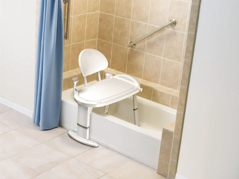 Tub Transfer Bench Shower Chair for Elderly and Disabled with adjustable height in a bathroom setting, showing non-slip seat and backrest.
