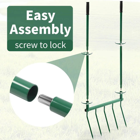 Exploded view of Heavy Duty Five Tine Broad Fork With Steel Handle, showing assembly with screw lock, 52in long, 20in wide.