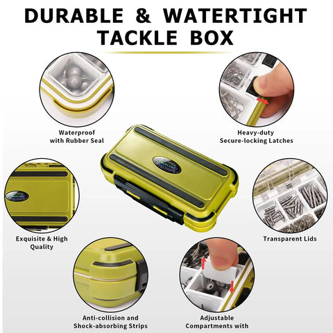All In One Fishing Accessories Kit With Tackle Box 255 Piece Set shown with waterproof seal, latches, and transparent lids