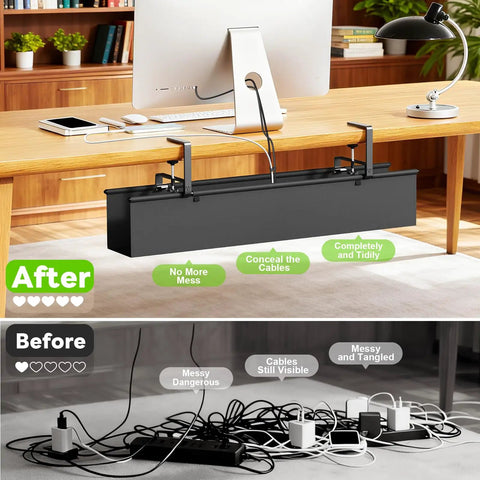 Under Desk Cable Management Tray No Drill Install, 36 Inch Fabric Cord Organizer in use on wooden desk, before and after setup.