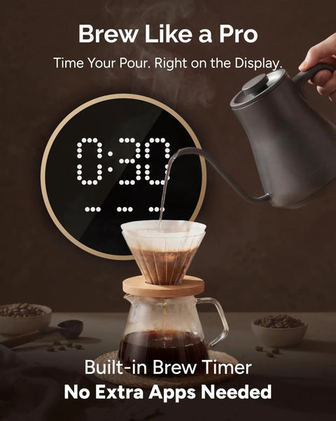 Hand pouring coffee with gooseneck kettle, precise control, timer display, Gooseneck Electric Kettle With Precise Temperature Control Plus Or Minus One Degree Fahrenheit, BPA Free Stainless Steel Interior, 1500W Fast Heating, Perfect For Pour Over Coffee And Tea At Home, Boil Water Quickly, 0.9 Liter, Dark Grey.