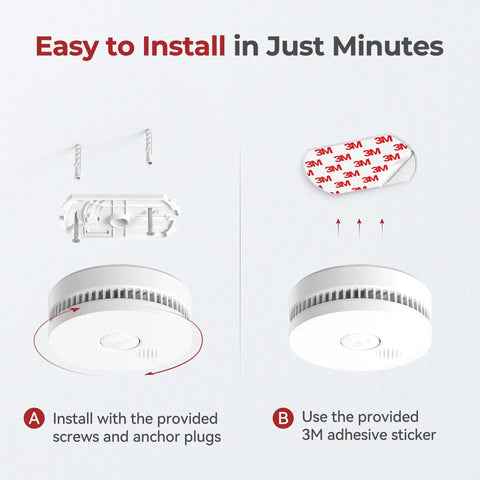 Heavy Duty Smoke Detectors With 9V Replaceable Battery 360 Degree Coverage And A Killer 85 Decibels Car Horn Alert 10 Pack installation guide with screws and adhesive.