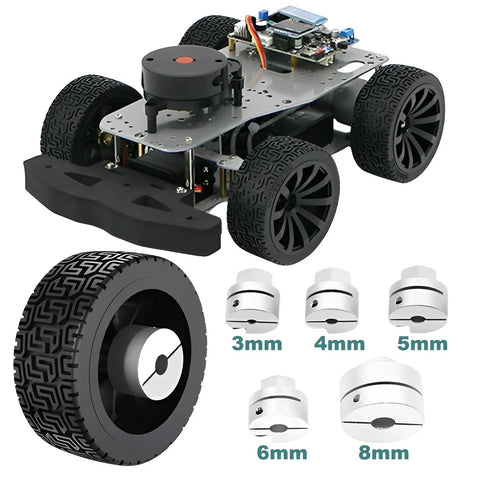 Two 65mm Large Load Bearing Rubber Tires with 6mm Bore Hex Shaft Couplings for RC Cars and Robots, shown on a robot model.