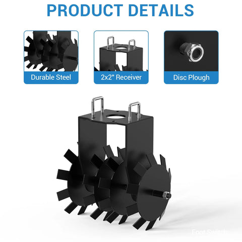 32 Inch Heavy Duty Disc Plow Harrow Two Pack For ATV UTV Tow Behind with durable steel discs and 2x2 inch receiver details.