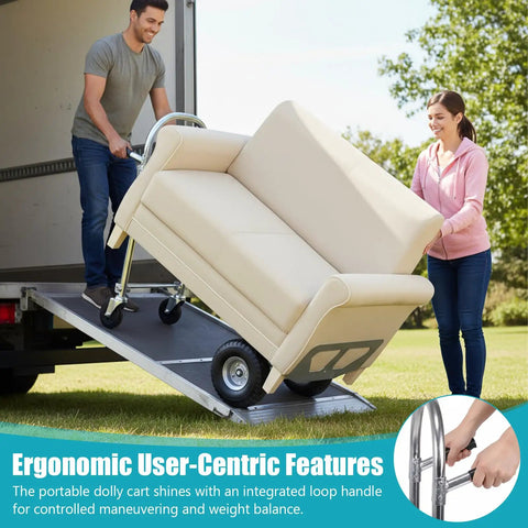 3 In 1 Beefy Heavy Duty Folding Dolly Cart With 550 Lbs Capacity Industrial Aluminum Frame Convertible Utility Cart For Moving Appliances, Furniture, Equipment, And Luggage; sofa on ramp
