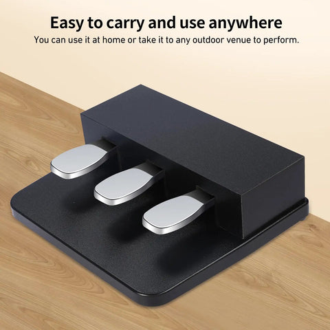 Portable 3 Pedal Unit For Digital Pianos With Soft, Sostenuto, And Sustain Pedals displayed on wood surface