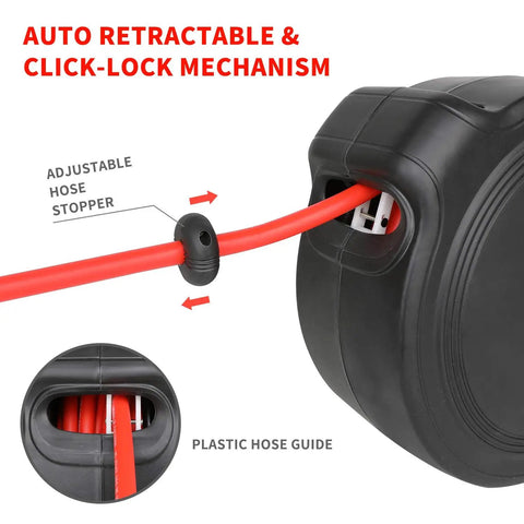 Automatic Retractable Air Hose Reel With Enclosed Case Fifty Feet Of Three Eighth Inch Hybrid Hose Fittings And Swivel Mount Built Tough