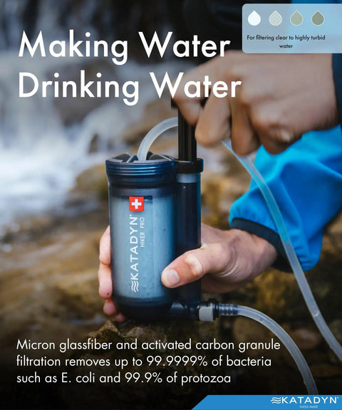 Hand using Hiker Pro Transparent Hand Pump Water Filter for Camping And Backpacking, filtering water by a stream.