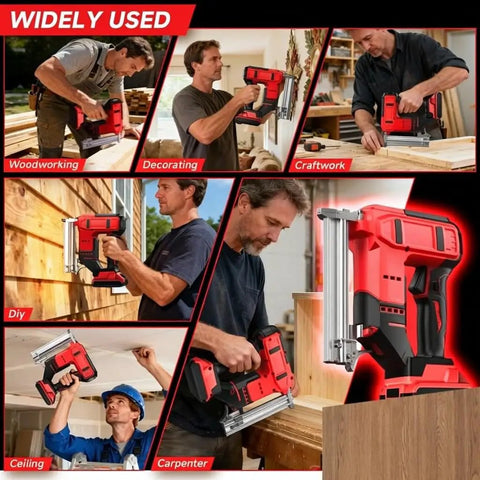 Heavy Duty 2 In 1 Cordless Brad Nailer And Stapler shown in various uses like woodworking, decoration, and DIY projects.