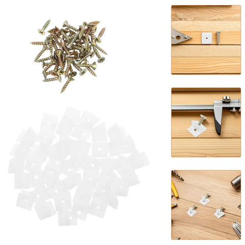 50 Piece Drawer Repair Kit With 45 Degree Plastic Angle Brackets And Screws shown on wooden surface ready for use