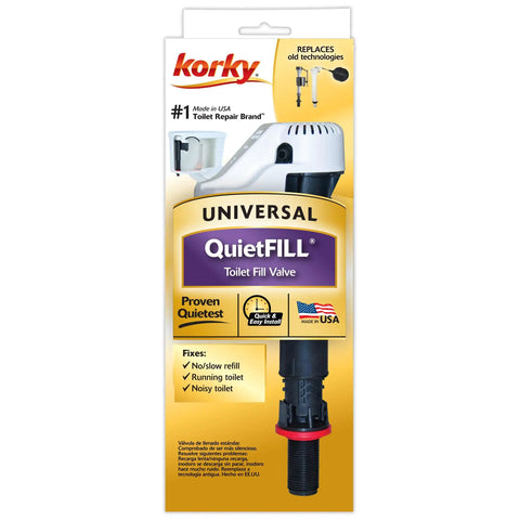 Universal Pro Grade Toilet Fill Valve With Twist Height Dial For No Sweat Swap Out And Whisper Quiet Flushing Operation That Handles Daily Use On Nearly Every Commode Tank package with installation info and features.