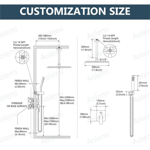 Customization size diagram for Top Shelf Ceiling Shower Faucet Set Featuring Handheld Sprayer And 12 Inch Led Rainfall Head.