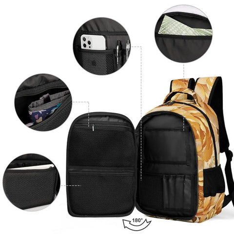 Vintage Metallic Floral Printed Unisex Backpack with open compartments showing internal pockets and details, durable polyester