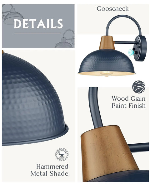 Blue Dusk To Dawn Outdoor Gooseneck Wall Lights 2 Pack With Hammered Metal Shade Weatherproof Barn Style Sconces details