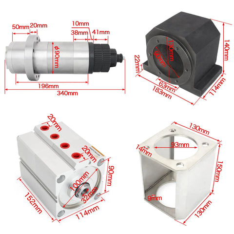 BT30 ATC Spindle Motor Kit With Automatic Tool Changer And Air Pneumatic Boost Cylinder detailed parts with measurements.