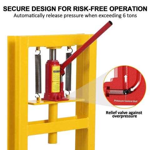 6 Ton Portable H Frame Hydraulic Press With Movable Plate And Overpressure Protection For Metalworking Auto Repair And DIY Projects Built For Pro Use And Home Workshops, yellow frame