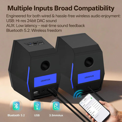 Immersive Gaming Speakers With DSP And 36W Power 24bit USB DAC Bluetooth 5.2 2.0 RGB Desktop PC Speakers shown with multiple inputs.