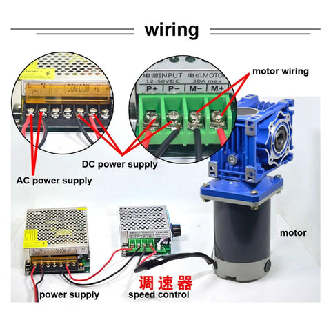 Wiring setup for Hefty Kickin 300W DC Worm Gear Motor with self-locking gears and speed adjustable control.