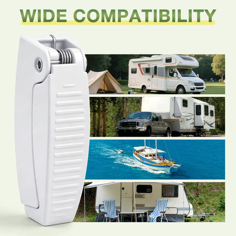 Five Piece RV Door Holder Kit For Campers And Trailers Keeps Luggage Compartment Doors Open and heavy duty latch shown