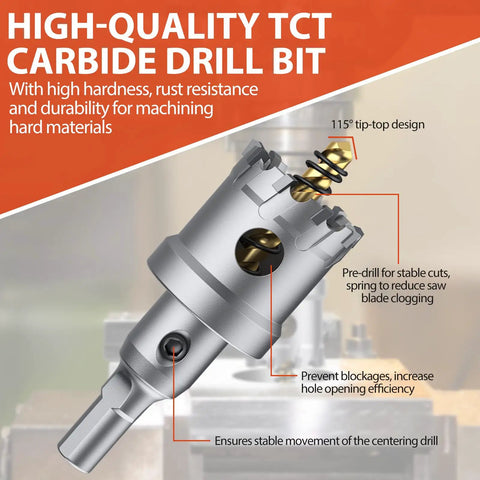 Close-up of Heavy Duty Tungsten Carbide Hole Saw Drill Bit Set with titanium coating and labeled design features for hard metal.