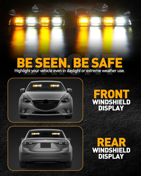 Boss Level Amber White Emergency Dash Strobe Light Bar For Trucks And Construction Vehicles Windshield Visor Mount 48 Led Warning Hazard Flashing Lights displayed on car front and rear.