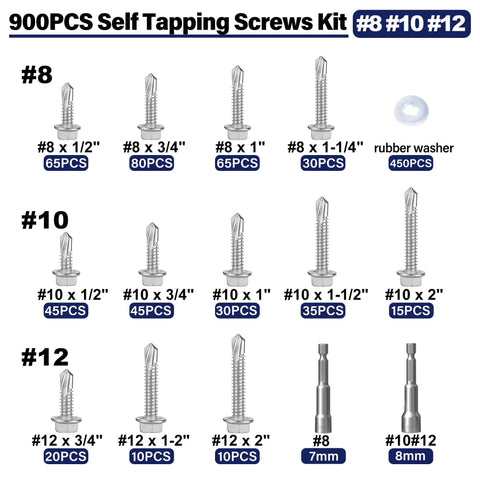 900 Piece Stainless Steel Self Tapping Screws Set With Hex Washer Head Self Drilling Sheet Metal Screws Assortment Kit With Rubber Washers Included Sizes 8 10 12 Beefy Quick Heavy Duty Metal Projects displayed