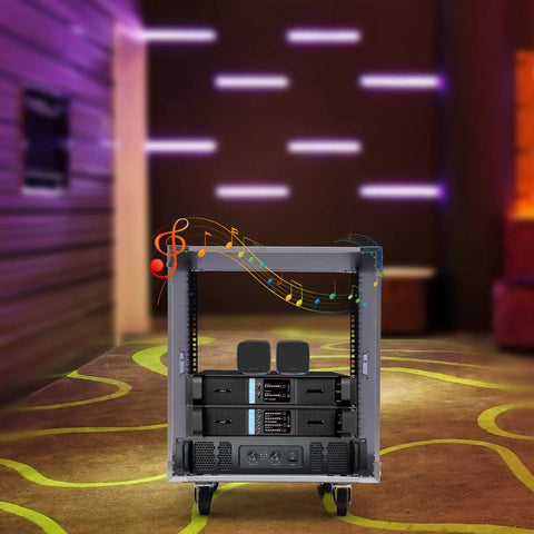 12U Heavy Duty Portable AV Rack With Smooth Operator Rolling Locking Casters And Badass Metal Cabinet For Indoor KTV Studios And Conference Rooms Built Different To Handle Every Setup You Dream Up displayed in a colorful indoor setting.