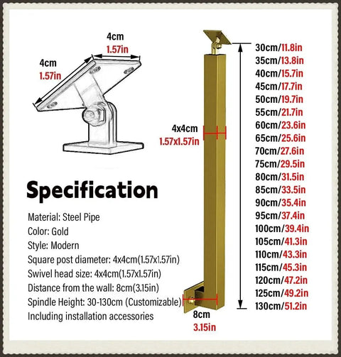 Rock Solid Gold Stair Railing Balusters With Heavy Duty Side Mount Posts And Flexible 270 Degree Adjustable Bracket for outdoor use specifications chart.