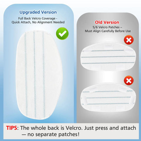 Comparison of six pack replacement steam mop pads for ThermaPro 10 in 1 steam mop, showing new full Velcro design versus old partial Velcro