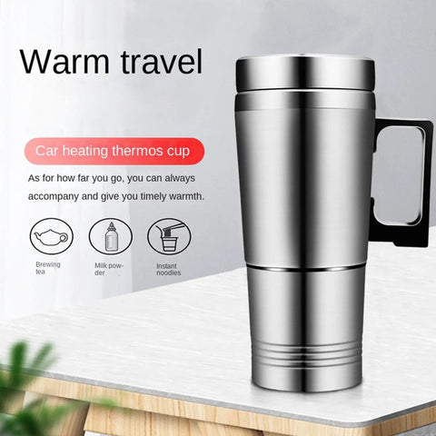Zero Drama 12V And 24V Ride Along Electric Kettle Straight For Your Center Console Food Grade Steel Vessel showing a stainless steel thermos cup.