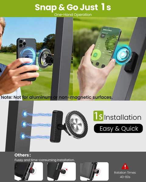 Golf Cart Phone Holder With Magnetic Mount For Dads And Golfers Fathers Day Gift demonstration on metal surface, hands installing.