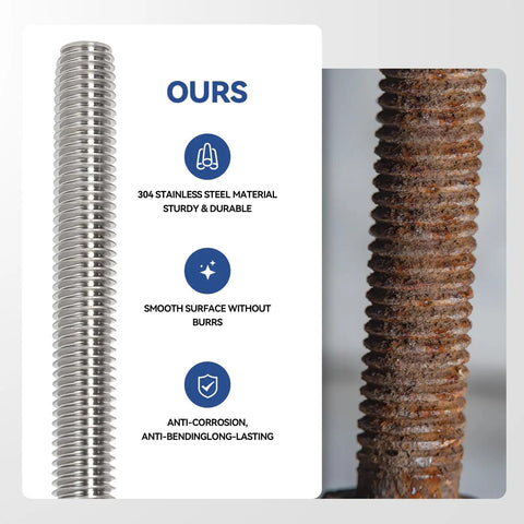 Comparison of new 304 stainless steel M4 threaded rod and rusted rod highlighting durability for 12 Pack 304 Stainless Steel M4 Fully Threaded Rods Tough As Nails 10 Inch Long Right Hand Threaded With Nuts Durable Rust Proof Hardware Fasteners For DIY Projects Machinery Automotive And Construction.