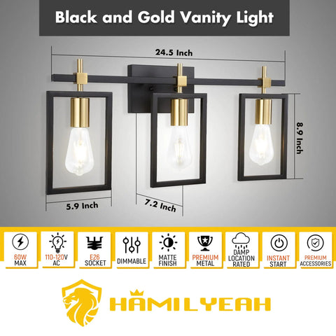 Industrial 3 Light Vanity Fixture In Black And Brass Gold With Rectangular Backplate Rustic Modern Farmhouse Bath Lighting Over Mirror For Bathrooms Restrooms Kitchens Living Rooms And More - dimensions and features displayed